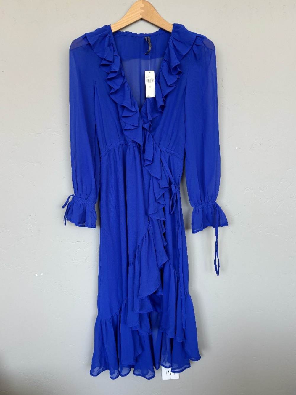 NWT  $168 By Anthropologie Long-Sleeve Ruffled Asymmetric Midi Dress Blue XS